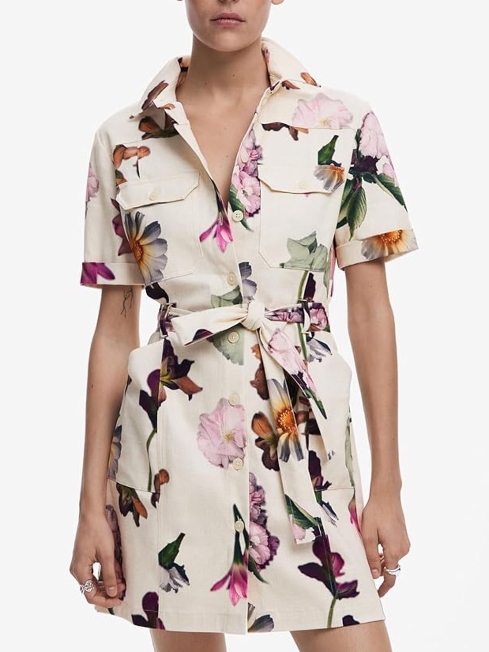 Desigual Cream Floral Mini Shirt Dress with Tie Waist